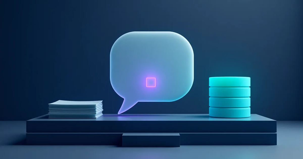 A glowing conversation bubble between a stack of documents and a turquoise database on a shared platform.